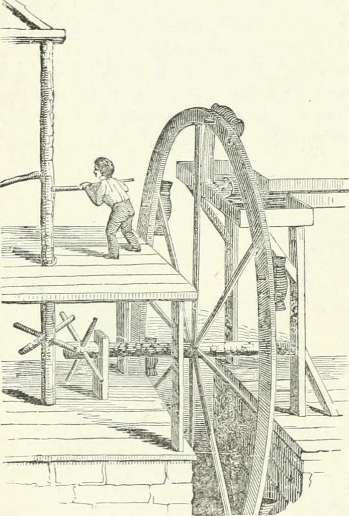 An illustration from A descriptive and historical account of hydraulic and other machines for raising water, ancient and modern : with observations on various subjects connected with the mechanic arts: including the progressive development of the steam engine, 1876, leaf 128