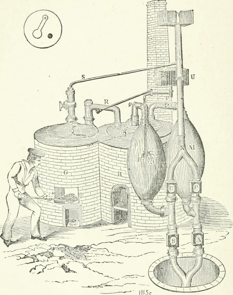 An illustration from A descriptive and historical account of hydraulic and other machines for raising water, ancient and modern : with observations on various subjects connected with the mechanic arts: including the progressive development of the steam engine, 1876, leaf 472