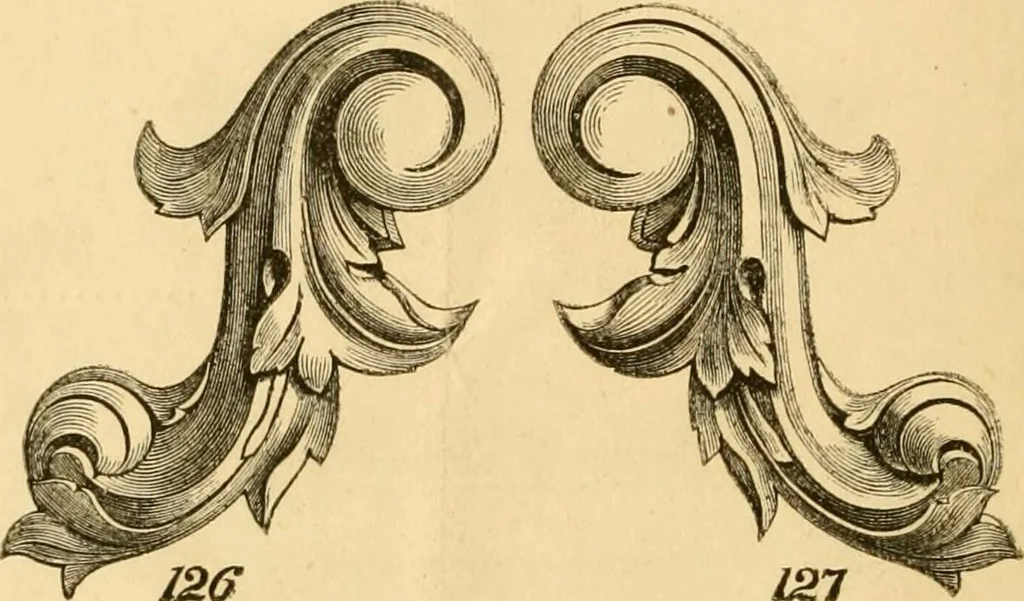 An illustration from Descriptive price list of patented artificial wood ornaments, for furniture manufacturers, architects, builders, interior decorators, stair builders, car builders, organ manufacturers, steamboat builders, etc. etc., 1871, leaf 13