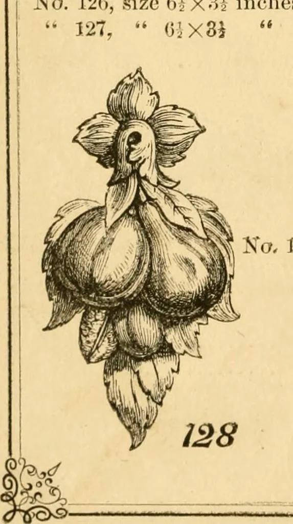 An illustration from Descriptive price list of patented artificial wood ornaments, for furniture manufacturers, architects, builders, interior decorators, stair builders, car builders, organ manufacturers, steamboat builders, etc. etc., 1871, leaf 13