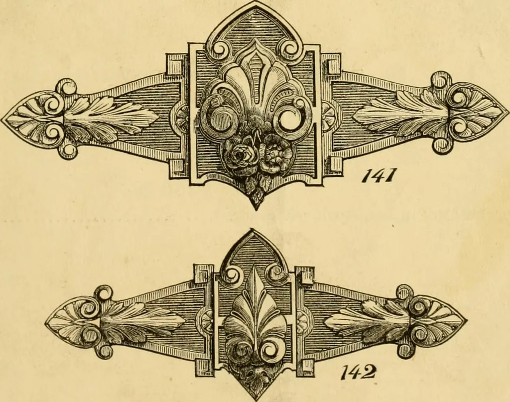 An illustration from Descriptive price list of patented artificial wood ornaments, for furniture manufacturers, architects, builders, interior decorators, stair builders, car builders, organ manufacturers, steamboat builders, etc. etc., 1871, leaf 16