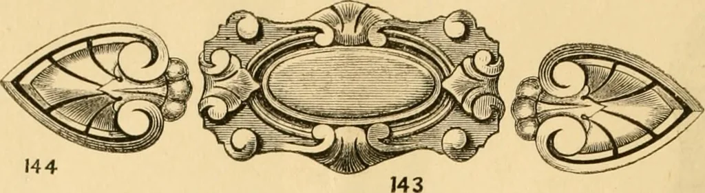 An illustration from Descriptive price list of patented artificial wood ornaments, for furniture manufacturers, architects, builders, interior decorators, stair builders, car builders, organ manufacturers, steamboat builders, etc. etc., 1871, leaf 17