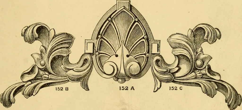 An illustration from Descriptive price list of patented artificial wood ornaments, for furniture manufacturers, architects, builders, interior decorators, stair builders, car builders, organ manufacturers, steamboat builders, etc. etc., 1871, leaf 18