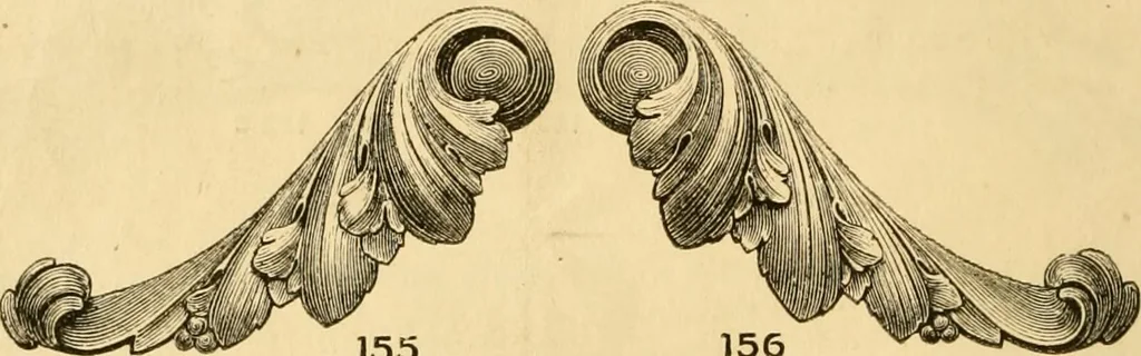 An illustration from Descriptive price list of patented artificial wood ornaments, for furniture manufacturers, architects, builders, interior decorators, stair builders, car builders, organ manufacturers, steamboat builders, etc. etc., 1871, leaf 19