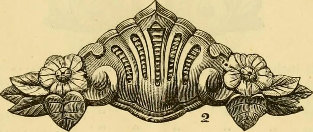An illustration from Descriptive price list of patented artificial wood ornaments, for furniture manufacturers, architects, builders, interior decorators, stair builders, car builders, organ manufacturers, steamboat builders, etc. etc., 1871, leaf 6