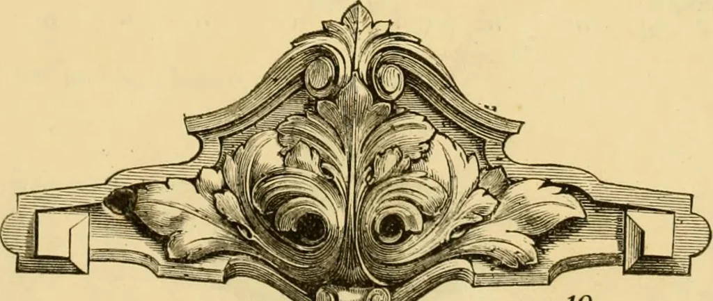 An illustration from Descriptive price list of patented artificial wood ornaments, for furniture manufacturers, architects, builders, interior decorators, stair builders, car builders, organ manufacturers, steamboat builders, etc. etc., 1871, leaf 6