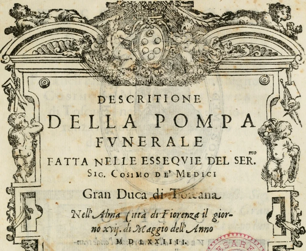 An illustration from Descritione della pompa fvnerale fatta nelle esseqvie del sermo. sig. Cosimo de' Medici, gran duca di Toscana : nell' alma città di Fiorenza il giorno xvij. di maggio dell' anno MDLXXIIII, 1574, leaf 4