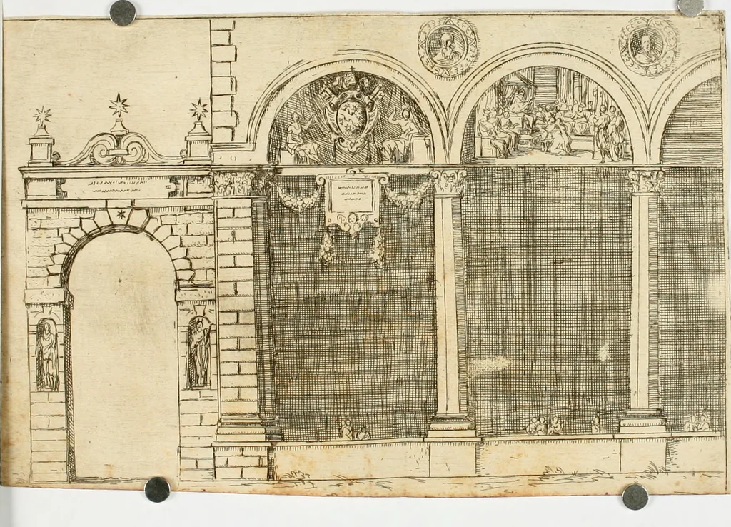 An illustration from Descrittione de gli apparati fatti in Bologna per la venvta di n. s. papa Clemente VIII. Con gli disegni de gli archi, statue, & pitture. Dedicata a gli ill.mi sig. del reggimento di Bologna, 1598, leaf 29