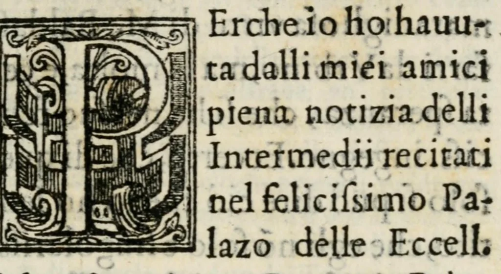An illustration from Descrittione dell'intermedii fatti nel felicissimo palazo del gran dvca Cosimo, & del suo illustriss. figliuolo principe di Firenze, & di Siena : per honorar la illvstris. presenza della Sereniss. Altezza dello eccellentissimo arciduca d'Austria, il primo giorno di maggio, l'anno MDLXIX, 1569, leaf 7