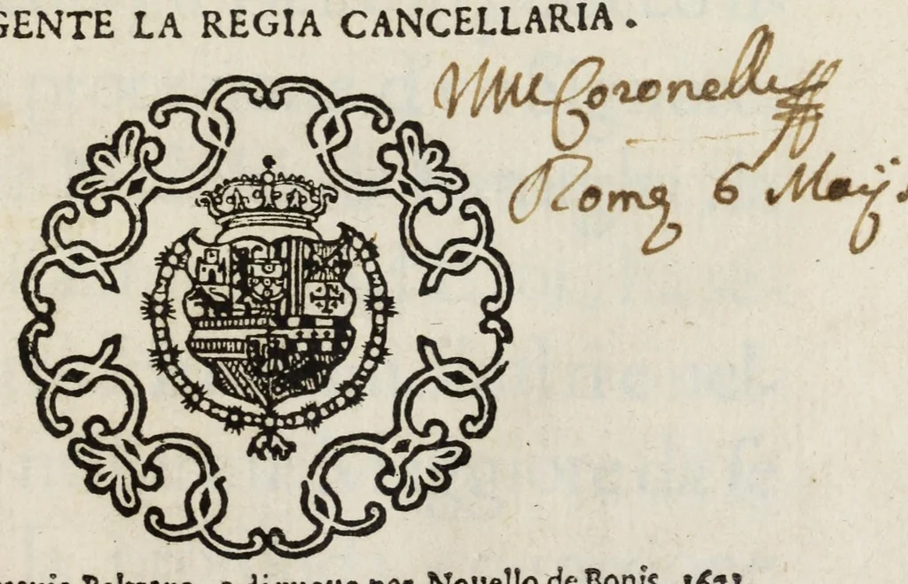 An illustration from Descrittione del Regno di Napoli : diuiso in dodeci prouincie, nella quale con breuità si tratta della fedelissima città di Napoli, e dele cose più notabili di essa, e delle città e terre più illustri del Regno, con le famiglie nobili, non solo di quella, ma dell'altre città di esso Regno : con i vescouadi, & arciuescouadi, e santi, che sono in esso ..., 1671, leaf 7
