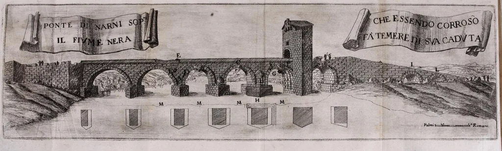An illustration from Descrittione di diuersi ponti esistenti sopra li fiumi Nera e Teuere, con vn discorso particolare della nauigatione da Perugia a Roma, 1676, leaf 24