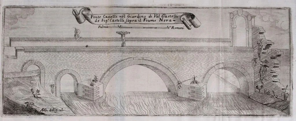 An illustration from Descrittione di diuersi ponti esistenti sopra li fiumi Nera e Teuere, con vn discorso particolare della nauigatione da Perugia a Roma, 1676, leaf 43