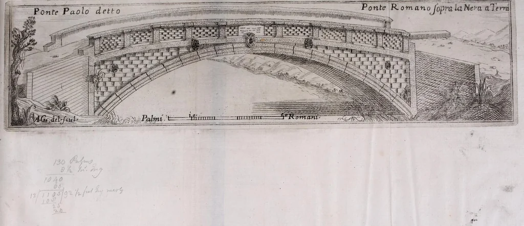 An illustration from Descrittione di diuersi ponti esistenti sopra li fiumi Nera e Teuere, con vn discorso particolare della nauigatione da Perugia a Roma, 1676, leaf 47