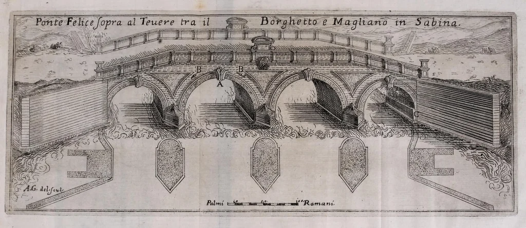 An illustration from Descrittione di diuersi ponti esistenti sopra li fiumi Nera e Teuere, con vn discorso particolare della nauigatione da Perugia a Roma, 1676, leaf 59
