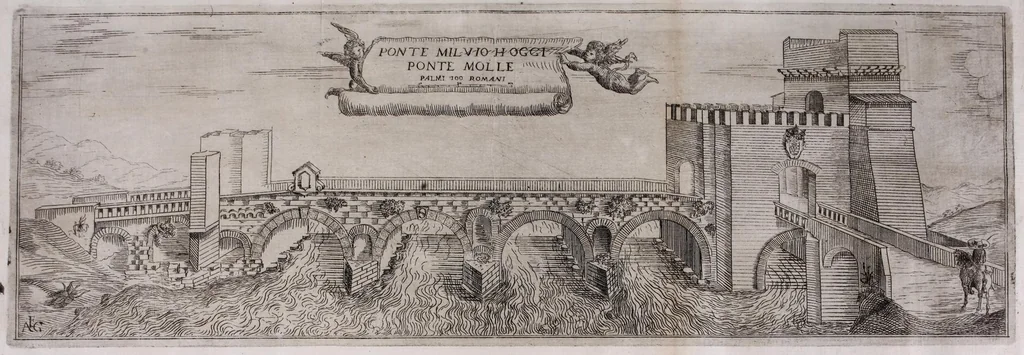 An illustration from Descrittione di diuersi ponti esistenti sopra li fiumi Nera e Teuere, con vn discorso particolare della nauigatione da Perugia a Roma, 1676, leaf 64