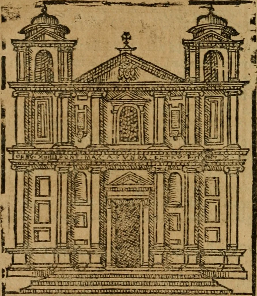 An illustration from Descrittione di Roma antica e moderna : nella quale si contengono chiese, monasterij, hospedali, compagnie, collegij e seminarij, tempij, teatri, anfiteatri, naumachie, cerchi, fori, curie, palazzi, e statue, librerie, musei, pitture, sculture, & i nomi de gli artefici : indice de'sommi pontefici, imperatori e duchi : con due copiosissime tauole, 1643, leaf 103