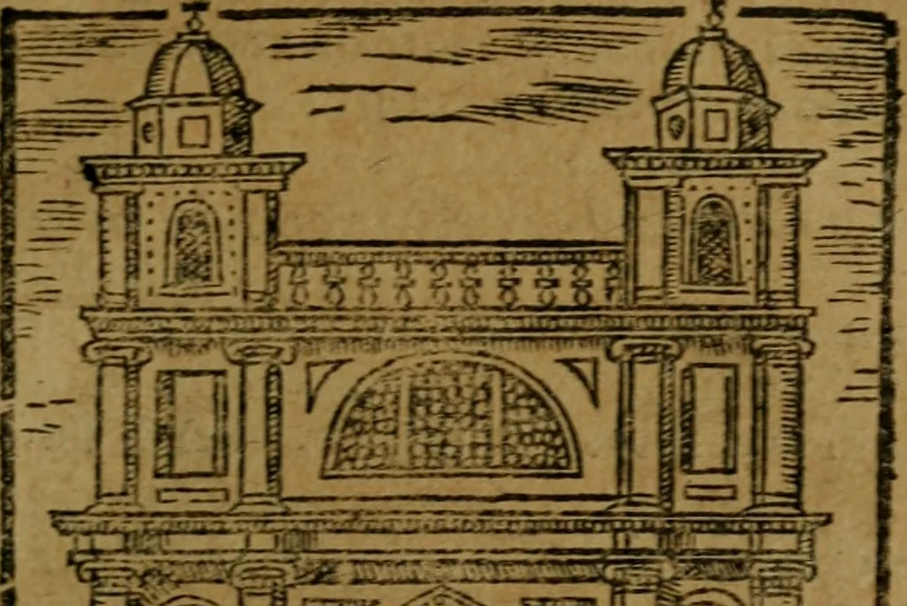An illustration from Descrittione di Roma antica e moderna : nella quale si contengono chiese, monasterij, hospedali, compagnie, collegij e seminarij, tempij, teatri, anfiteatri, naumachie, cerchi, fori, curie, palazzi, e statue, librerie, musei, pitture, sculture, & i nomi de gli artefici : indice de'sommi pontefici, imperatori e duchi : con due copiosissime tauole, 1643, leaf 104