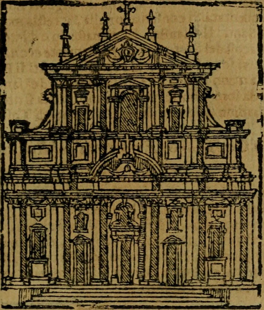 An illustration from Descrittione di Roma antica e moderna : nella quale si contengono chiese, monasterij, hospedali, compagnie, collegij e seminarij, tempij, teatri, anfiteatri, naumachie, cerchi, fori, curie, palazzi, e statue, librerie, musei, pitture, sculture, & i nomi de gli artefici : indice de'sommi pontefici, imperatori e duchi : con due copiosissime tauole, 1643, leaf 106
