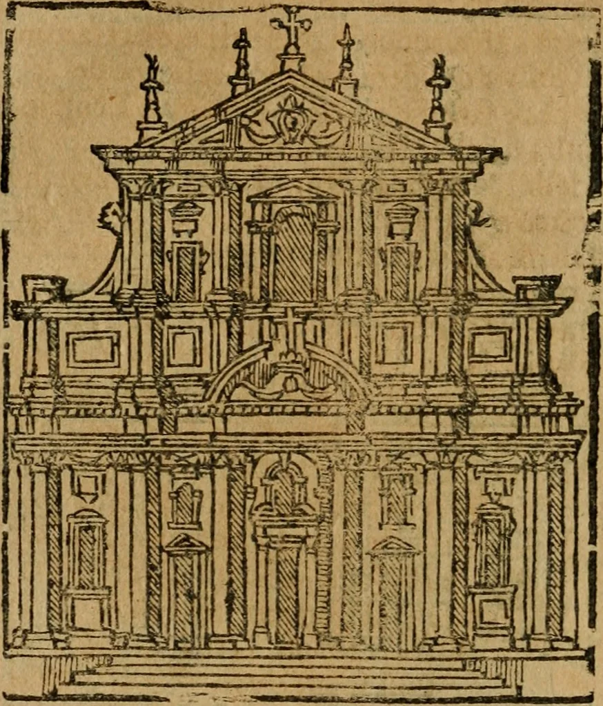 An illustration from Descrittione di Roma antica e moderna : nella quale si contengono chiese, monasterij, hospedali, compagnie, collegij e seminarij, tempij, teatri, anfiteatri, naumachie, cerchi, fori, curie, palazzi, e statue, librerie, musei, pitture, sculture, & i nomi de gli artefici : indice de'sommi pontefici, imperatori e duchi : con due copiosissime tauole, 1643, leaf 107