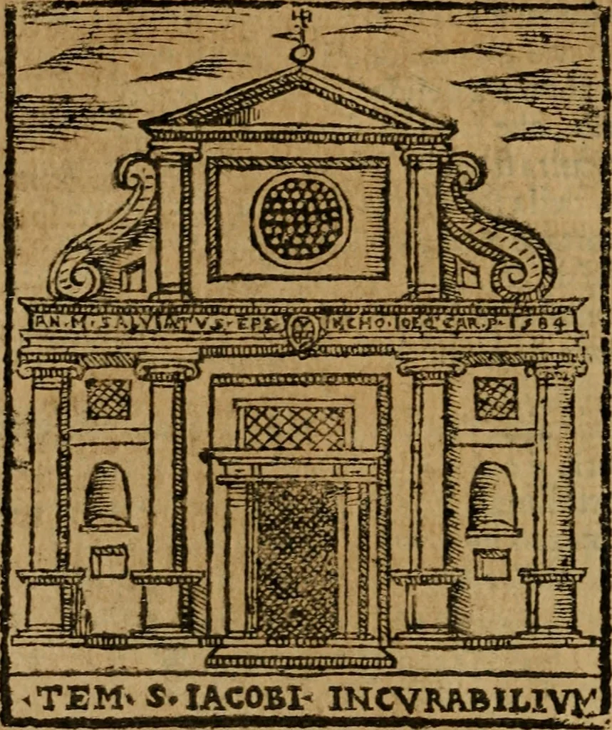 An illustration from Descrittione di Roma antica e moderna : nella quale si contengono chiese, monasterij, hospedali, compagnie, collegij e seminarij, tempij, teatri, anfiteatri, naumachie, cerchi, fori, curie, palazzi, e statue, librerie, musei, pitture, sculture, & i nomi de gli artefici : indice de'sommi pontefici, imperatori e duchi : con due copiosissime tauole, 1643, leaf 109