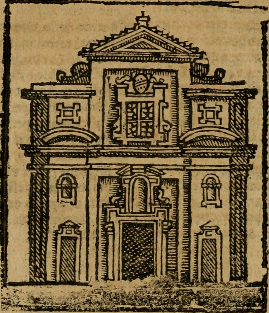 An illustration from Descrittione di Roma antica e moderna : nella quale si contengono chiese, monasterij, hospedali, compagnie, collegij e seminarij, tempij, teatri, anfiteatri, naumachie, cerchi, fori, curie, palazzi, e statue, librerie, musei, pitture, sculture, & i nomi de gli artefici : indice de'sommi pontefici, imperatori e duchi : con due copiosissime tauole, 1643, leaf 113