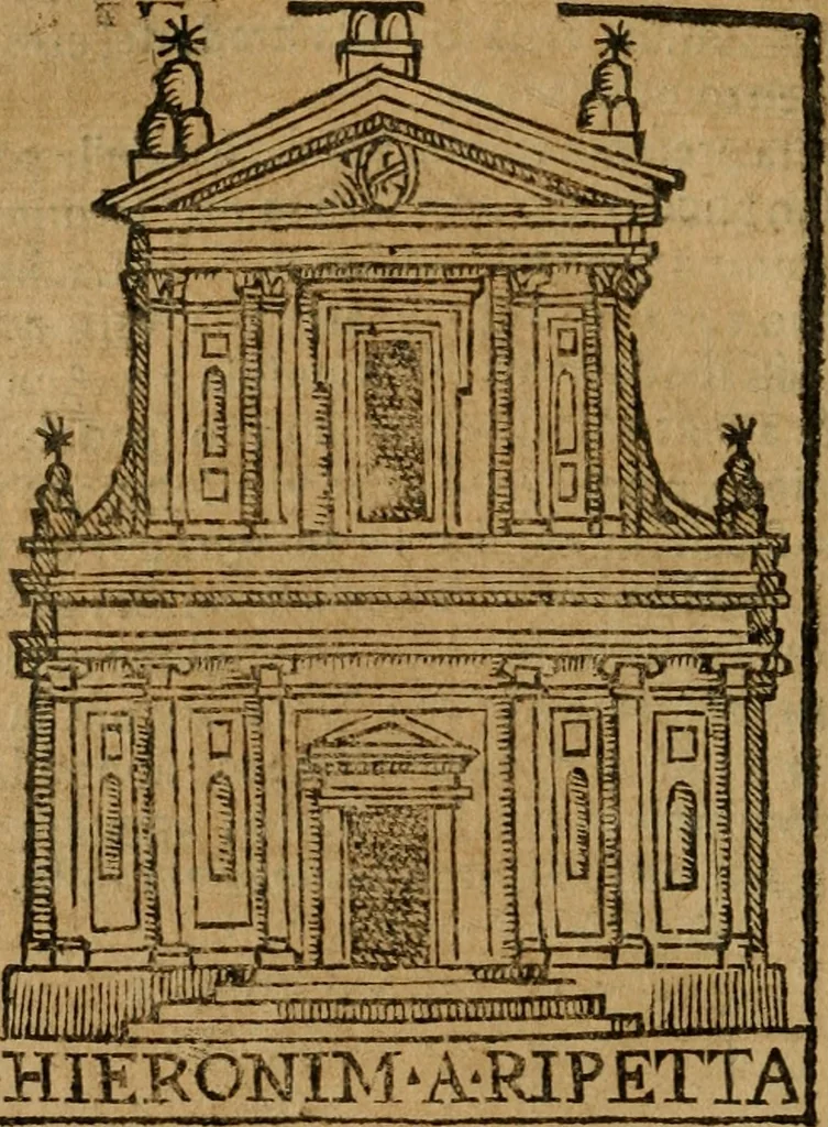 An illustration from Descrittione di Roma antica e moderna : nella quale si contengono chiese, monasterij, hospedali, compagnie, collegij e seminarij, tempij, teatri, anfiteatri, naumachie, cerchi, fori, curie, palazzi, e statue, librerie, musei, pitture, sculture, & i nomi de gli artefici : indice de'sommi pontefici, imperatori e duchi : con due copiosissime tauole, 1643, leaf 115