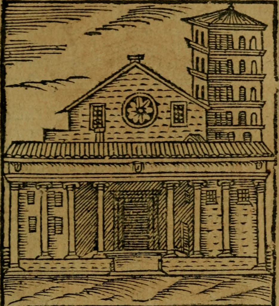 An illustration from Descrittione di Roma antica e moderna : nella quale si contengono chiese, monasterij, hospedali, compagnie, collegij e seminarij, tempij, teatri, anfiteatri, naumachie, cerchi, fori, curie, palazzi, e statue, librerie, musei, pitture, sculture, & i nomi de gli artefici : indice de'sommi pontefici, imperatori e duchi : con due copiosissime tauole, 1643, leaf 116