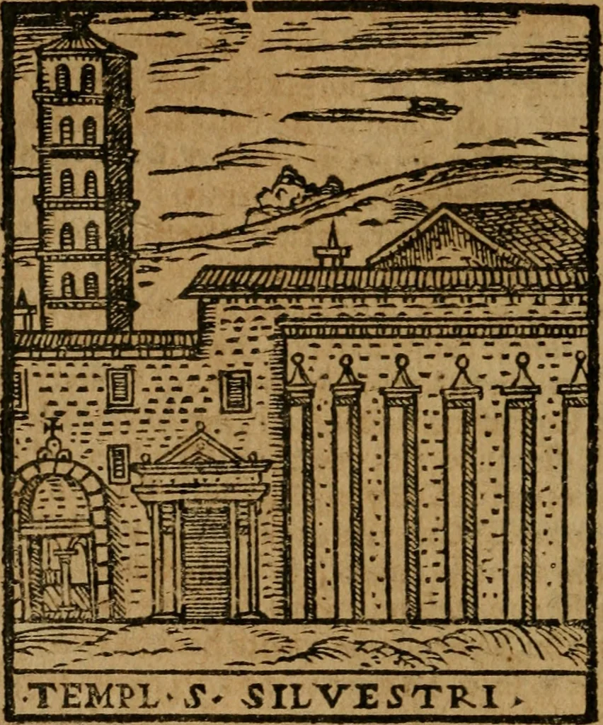 An illustration from Descrittione di Roma antica e moderna : nella quale si contengono chiese, monasterij, hospedali, compagnie, collegij e seminarij, tempij, teatri, anfiteatri, naumachie, cerchi, fori, curie, palazzi, e statue, librerie, musei, pitture, sculture, & i nomi de gli artefici : indice de'sommi pontefici, imperatori e duchi : con due copiosissime tauole, 1643, leaf 121