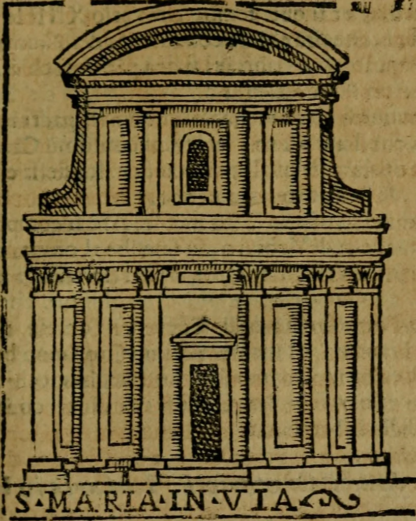 An illustration from Descrittione di Roma antica e moderna : nella quale si contengono chiese, monasterij, hospedali, compagnie, collegij e seminarij, tempij, teatri, anfiteatri, naumachie, cerchi, fori, curie, palazzi, e statue, librerie, musei, pitture, sculture, & i nomi de gli artefici : indice de'sommi pontefici, imperatori e duchi : con due copiosissime tauole, 1643, leaf 128