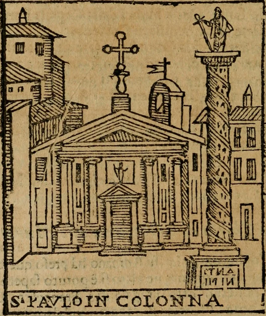 An illustration from Descrittione di Roma antica e moderna : nella quale si contengono chiese, monasterij, hospedali, compagnie, collegij e seminarij, tempij, teatri, anfiteatri, naumachie, cerchi, fori, curie, palazzi, e statue, librerie, musei, pitture, sculture, & i nomi de gli artefici : indice de'sommi pontefici, imperatori e duchi : con due copiosissime tauole, 1643, leaf 131