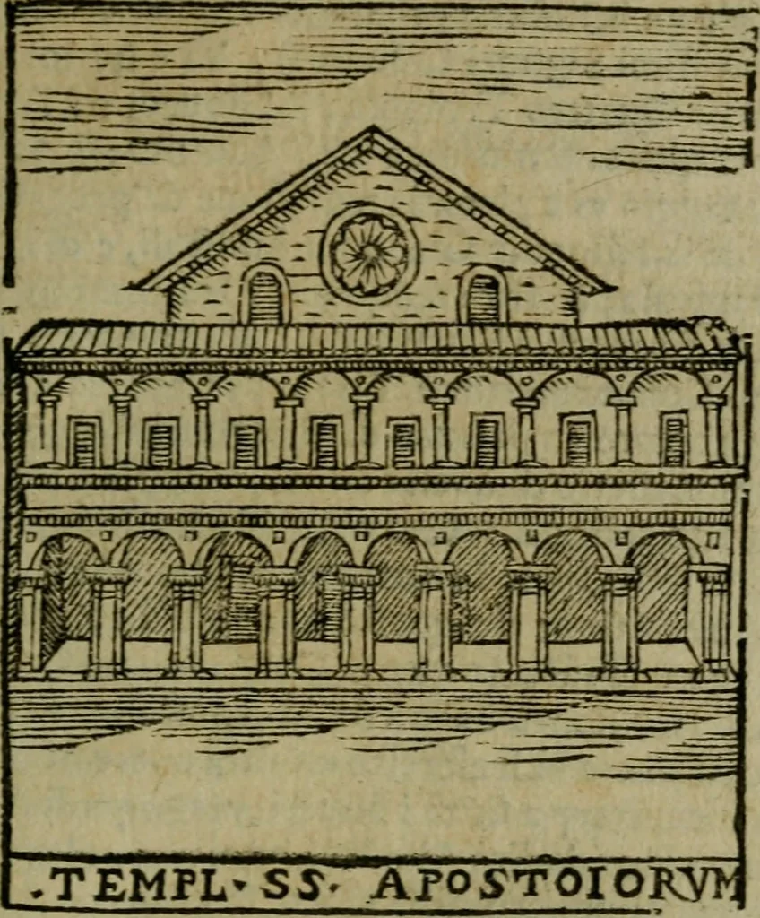 An illustration from Descrittione di Roma antica e moderna : nella quale si contengono chiese, monasterij, hospedali, compagnie, collegij e seminarij, tempij, teatri, anfiteatri, naumachie, cerchi, fori, curie, palazzi, e statue, librerie, musei, pitture, sculture, & i nomi de gli artefici : indice de'sommi pontefici, imperatori e duchi : con due copiosissime tauole, 1643, leaf 136