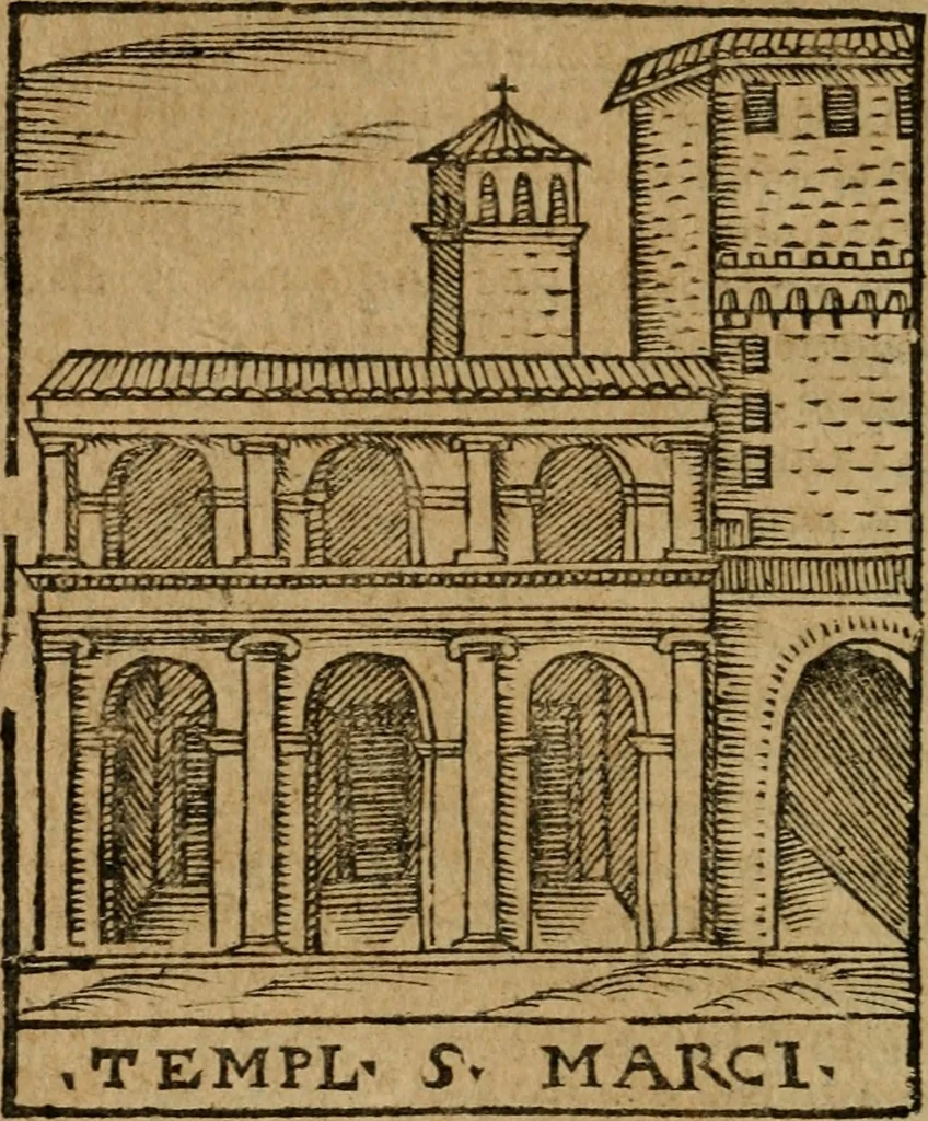 An illustration from Descrittione di Roma antica e moderna : nella quale si contengono chiese, monasterij, hospedali, compagnie, collegij e seminarij, tempij, teatri, anfiteatri, naumachie, cerchi, fori, curie, palazzi, e statue, librerie, musei, pitture, sculture, & i nomi de gli artefici : indice de'sommi pontefici, imperatori e duchi : con due copiosissime tauole, 1643, leaf 143