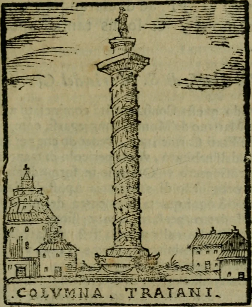 An illustration from Descrittione di Roma antica e moderna : nella quale si contengono chiese, monasterij, hospedali, compagnie, collegij e seminarij, tempij, teatri, anfiteatri, naumachie, cerchi, fori, curie, palazzi, e statue, librerie, musei, pitture, sculture, & i nomi de gli artefici : indice de'sommi pontefici, imperatori e duchi : con due copiosissime tauole, 1643, leaf 150