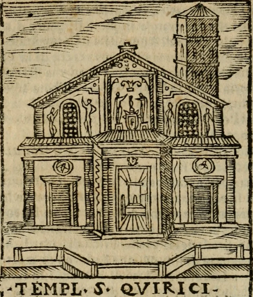 An illustration from Descrittione di Roma antica e moderna : nella quale si contengono chiese, monasterij, hospedali, compagnie, collegij e seminarij, tempij, teatri, anfiteatri, naumachie, cerchi, fori, curie, palazzi, e statue, librerie, musei, pitture, sculture, & i nomi de gli artefici : indice de'sommi pontefici, imperatori e duchi : con due copiosissime tauole, 1643, leaf 157