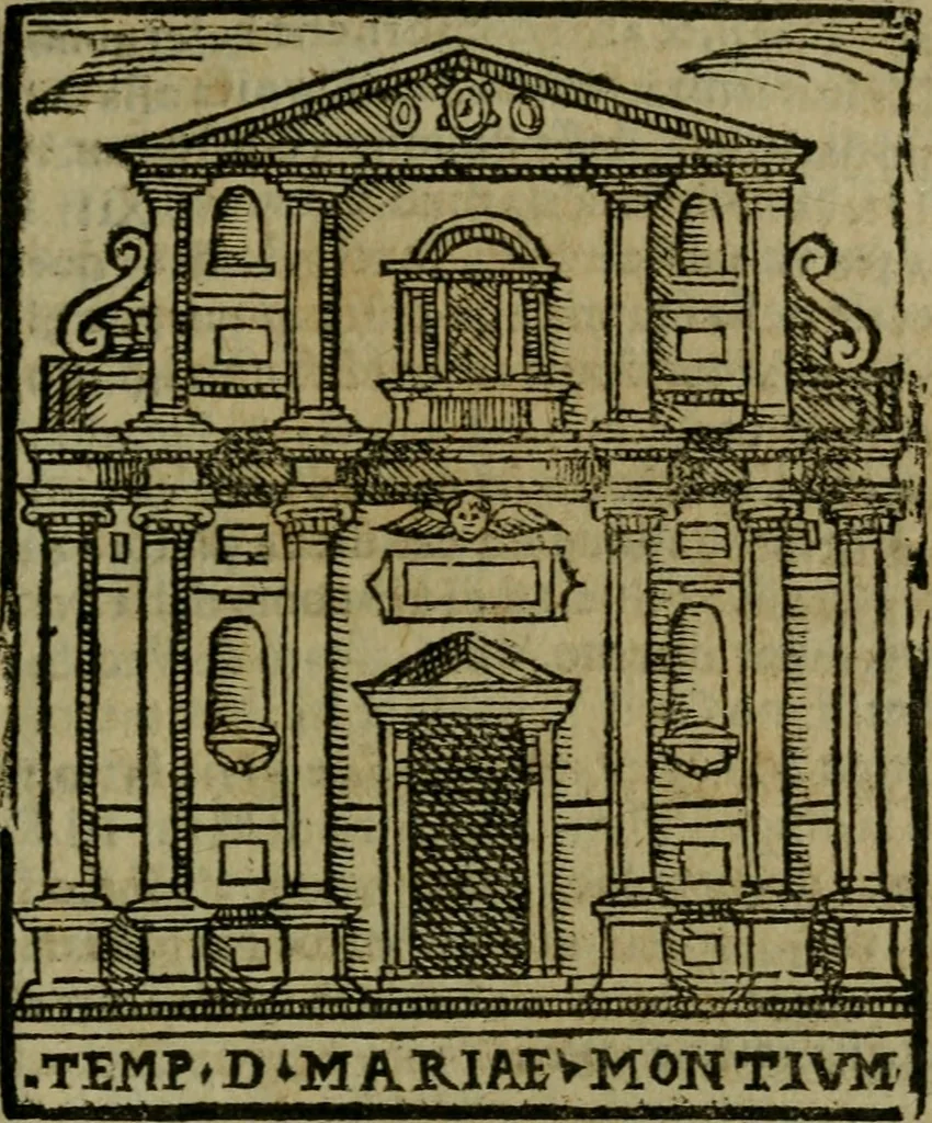 An illustration from Descrittione di Roma antica e moderna : nella quale si contengono chiese, monasterij, hospedali, compagnie, collegij e seminarij, tempij, teatri, anfiteatri, naumachie, cerchi, fori, curie, palazzi, e statue, librerie, musei, pitture, sculture, & i nomi de gli artefici : indice de'sommi pontefici, imperatori e duchi : con due copiosissime tauole, 1643, leaf 160