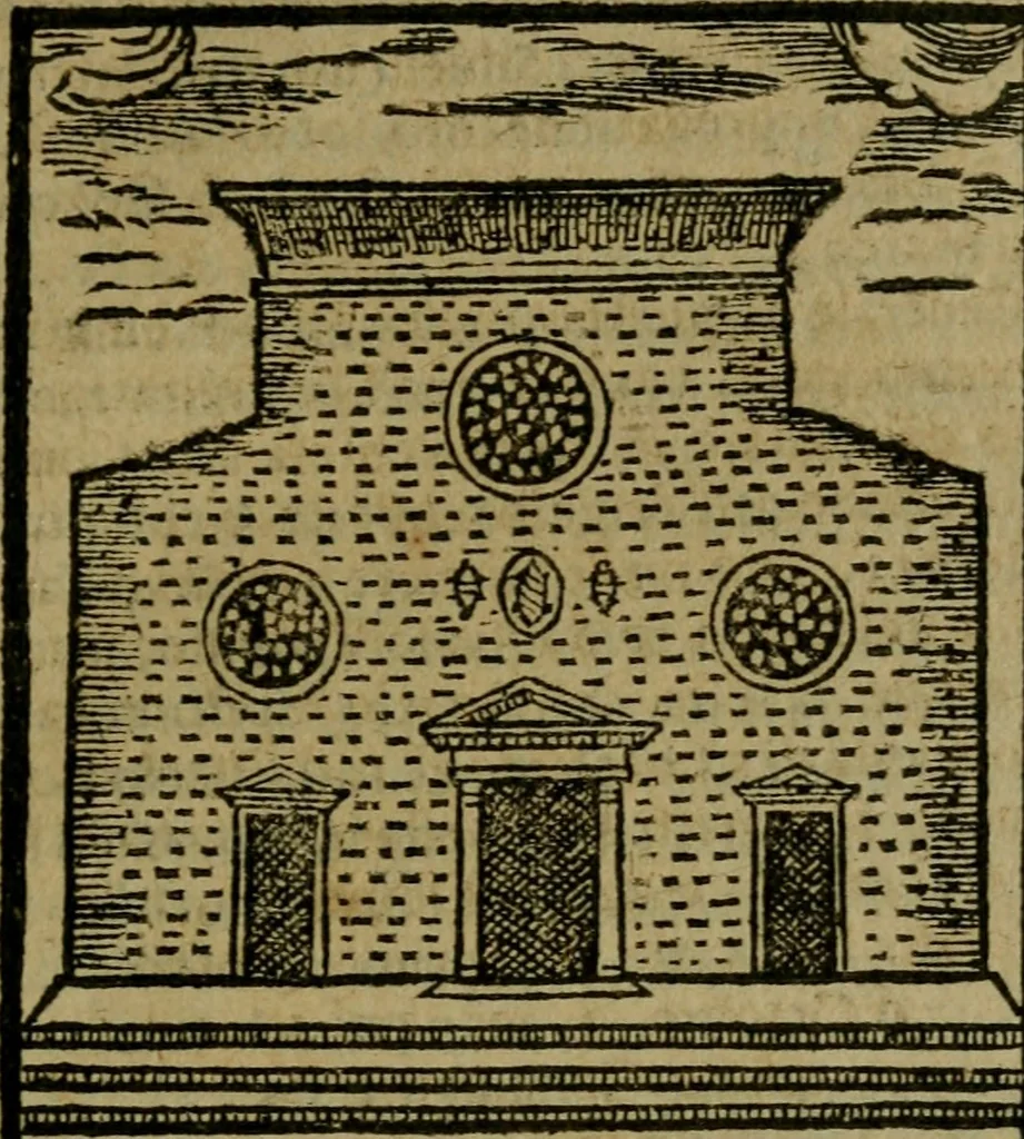 An illustration from Descrittione di Roma antica e moderna : nella quale si contengono chiese, monasterij, hospedali, compagnie, collegij e seminarij, tempij, teatri, anfiteatri, naumachie, cerchi, fori, curie, palazzi, e statue, librerie, musei, pitture, sculture, & i nomi de gli artefici : indice de'sommi pontefici, imperatori e duchi : con due copiosissime tauole, 1643, leaf 170