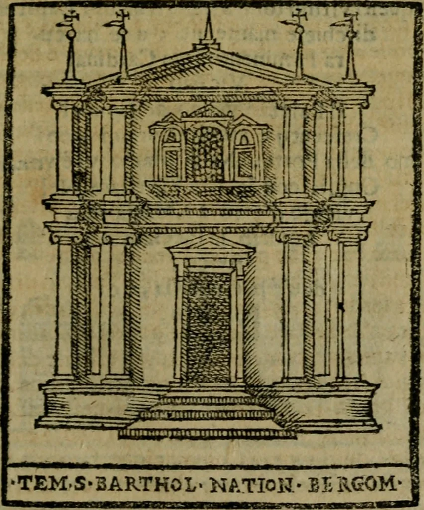 An illustration from Descrittione di Roma antica e moderna : nella quale si contengono chiese, monasterij, hospedali, compagnie, collegij e seminarij, tempij, teatri, anfiteatri, naumachie, cerchi, fori, curie, palazzi, e statue, librerie, musei, pitture, sculture, & i nomi de gli artefici : indice de'sommi pontefici, imperatori e duchi : con due copiosissime tauole, 1643, leaf 178