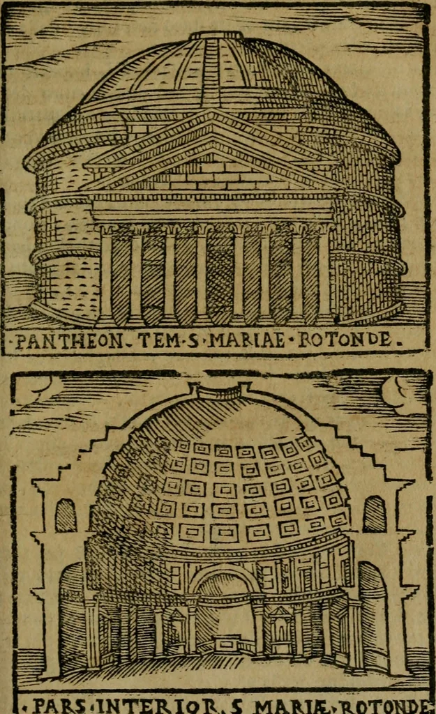 An illustration from Descrittione di Roma antica e moderna : nella quale si contengono chiese, monasterij, hospedali, compagnie, collegij e seminarij, tempij, teatri, anfiteatri, naumachie, cerchi, fori, curie, palazzi, e statue, librerie, musei, pitture, sculture, & i nomi de gli artefici : indice de'sommi pontefici, imperatori e duchi : con due copiosissime tauole, 1643, leaf 180