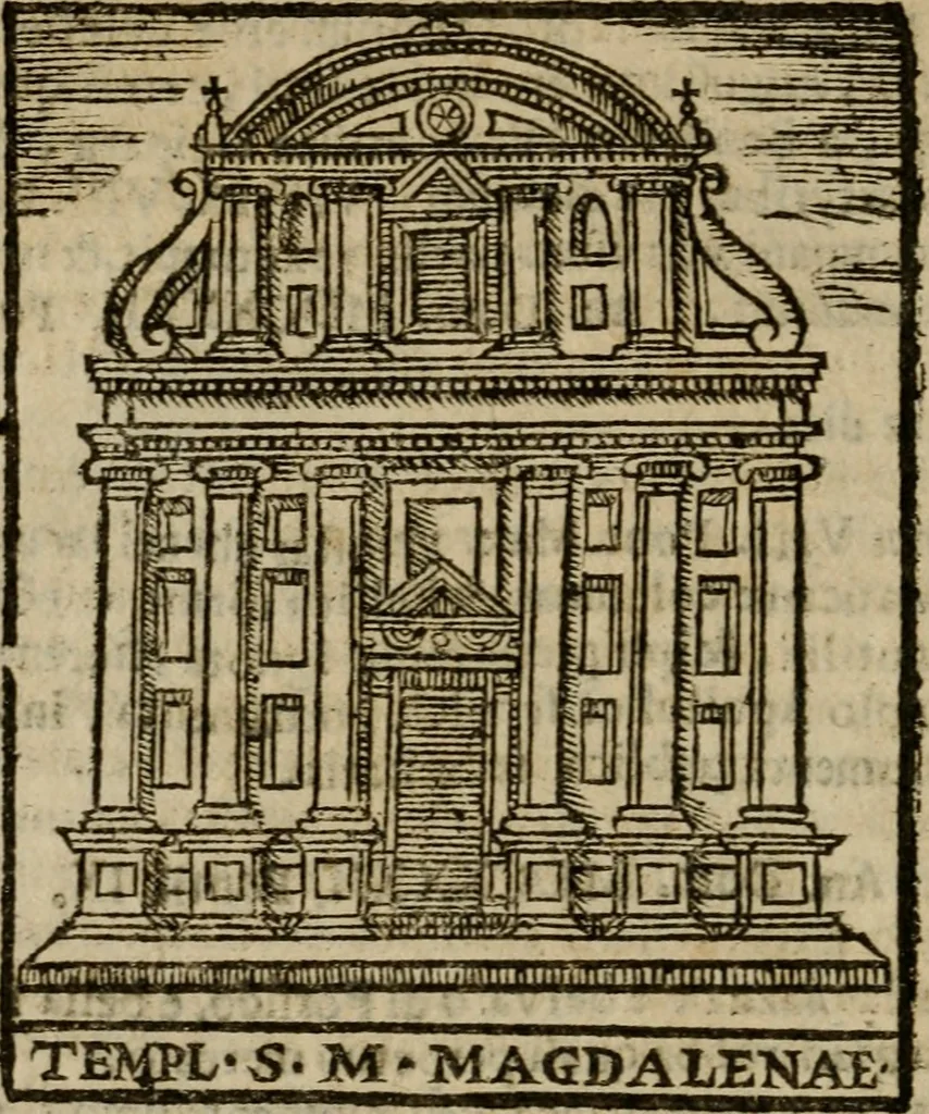 An illustration from Descrittione di Roma antica e moderna : nella quale si contengono chiese, monasterij, hospedali, compagnie, collegij e seminarij, tempij, teatri, anfiteatri, naumachie, cerchi, fori, curie, palazzi, e statue, librerie, musei, pitture, sculture, & i nomi de gli artefici : indice de'sommi pontefici, imperatori e duchi : con due copiosissime tauole, 1643, leaf 183