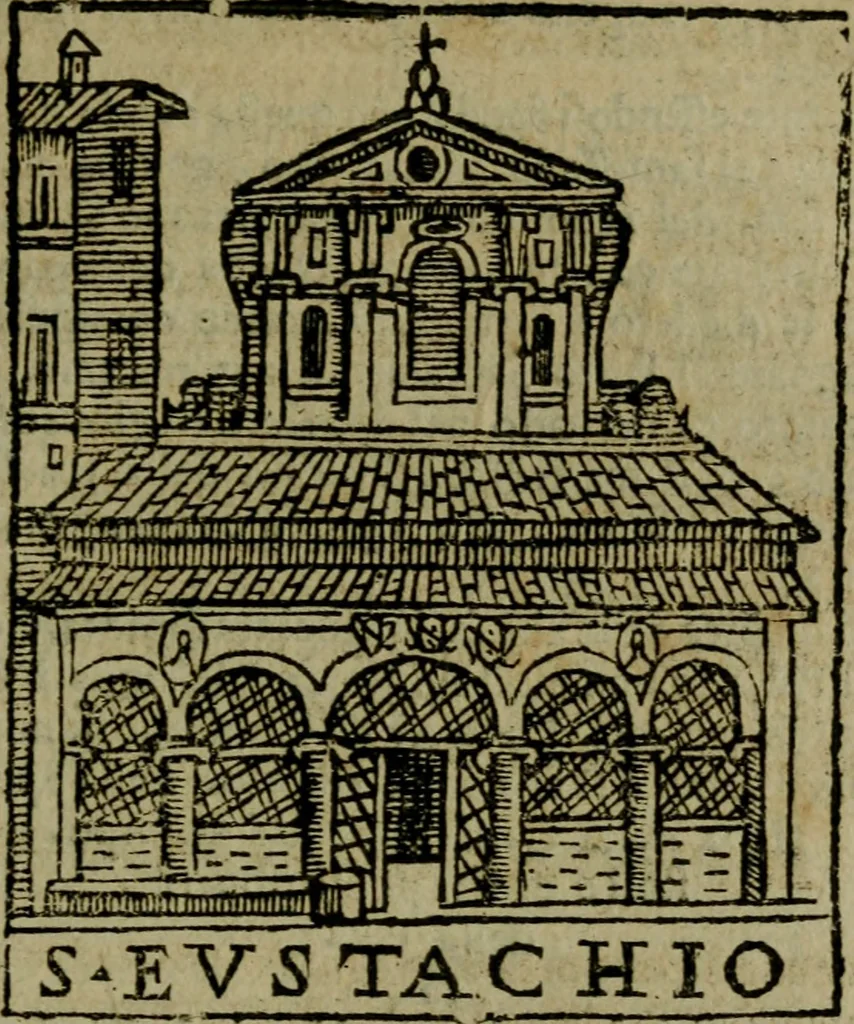 An illustration from Descrittione di Roma antica e moderna : nella quale si contengono chiese, monasterij, hospedali, compagnie, collegij e seminarij, tempij, teatri, anfiteatri, naumachie, cerchi, fori, curie, palazzi, e statue, librerie, musei, pitture, sculture, & i nomi de gli artefici : indice de'sommi pontefici, imperatori e duchi : con due copiosissime tauole, 1643, leaf 190