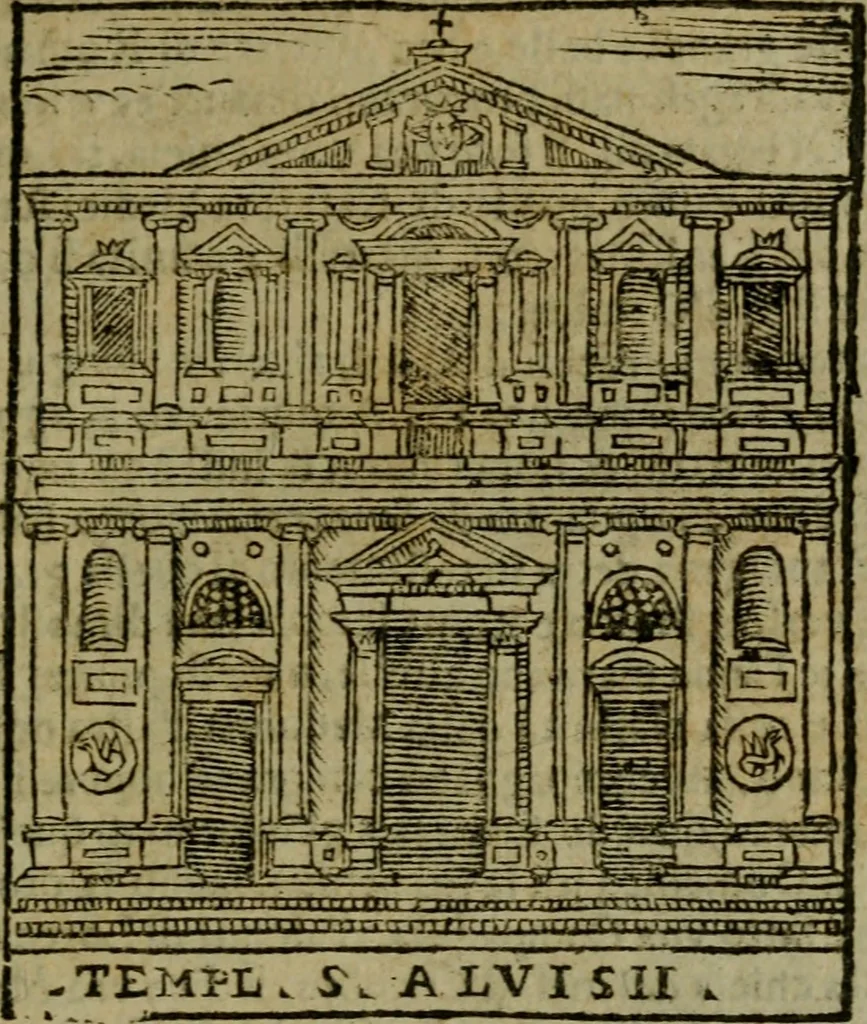 An illustration from Descrittione di Roma antica e moderna : nella quale si contengono chiese, monasterij, hospedali, compagnie, collegij e seminarij, tempij, teatri, anfiteatri, naumachie, cerchi, fori, curie, palazzi, e statue, librerie, musei, pitture, sculture, & i nomi de gli artefici : indice de'sommi pontefici, imperatori e duchi : con due copiosissime tauole, 1643, leaf 192