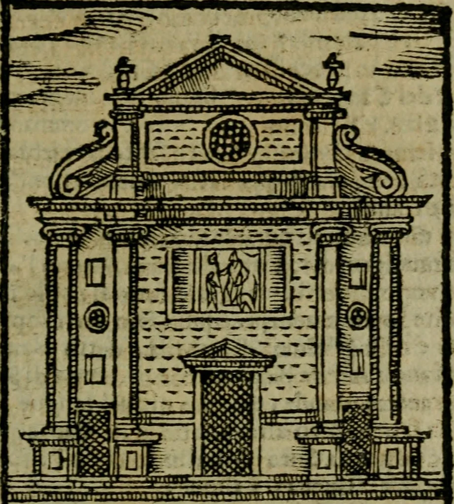 An illustration from Descrittione di Roma antica e moderna : nella quale si contengono chiese, monasterij, hospedali, compagnie, collegij e seminarij, tempij, teatri, anfiteatri, naumachie, cerchi, fori, curie, palazzi, e statue, librerie, musei, pitture, sculture, & i nomi de gli artefici : indice de'sommi pontefici, imperatori e duchi : con due copiosissime tauole, 1643, leaf 194