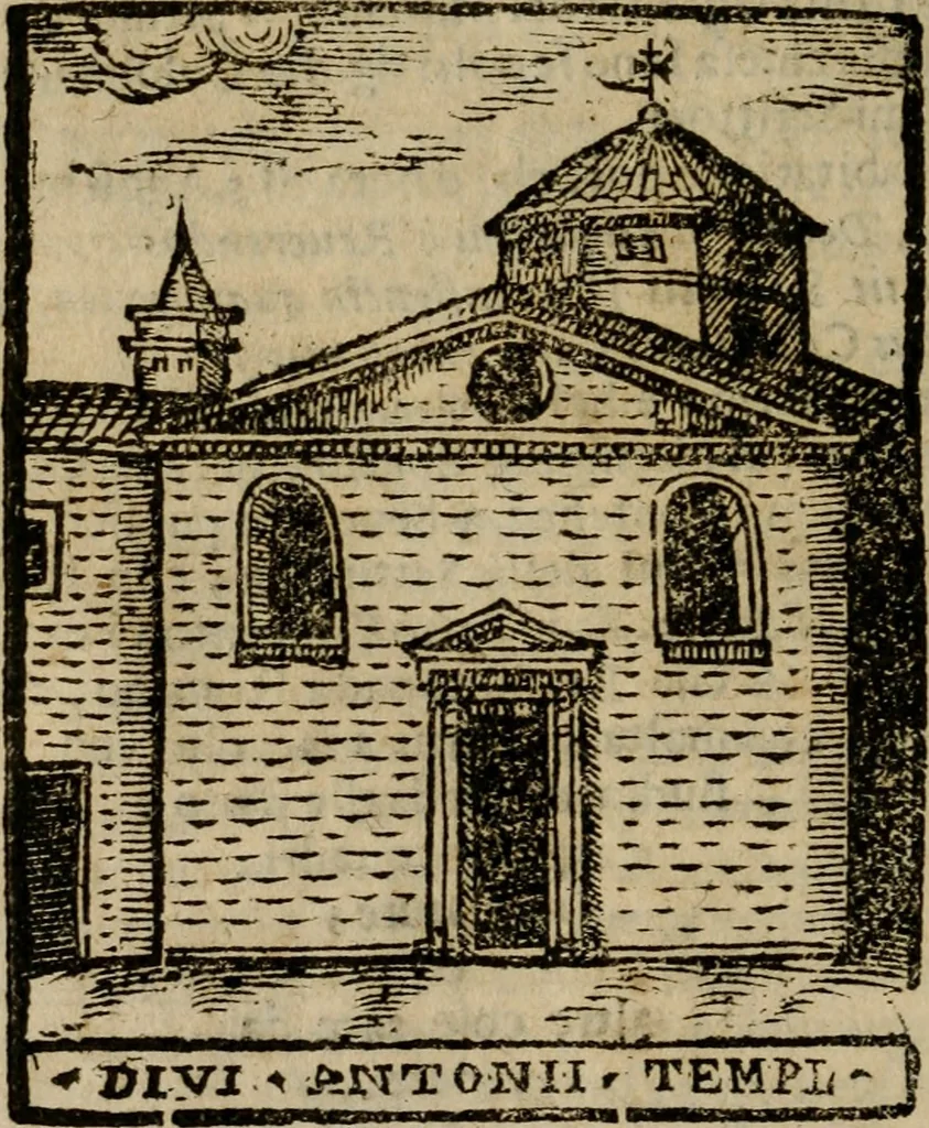 An illustration from Descrittione di Roma antica e moderna : nella quale si contengono chiese, monasterij, hospedali, compagnie, collegij e seminarij, tempij, teatri, anfiteatri, naumachie, cerchi, fori, curie, palazzi, e statue, librerie, musei, pitture, sculture, & i nomi de gli artefici : indice de'sommi pontefici, imperatori e duchi : con due copiosissime tauole, 1643, leaf 197