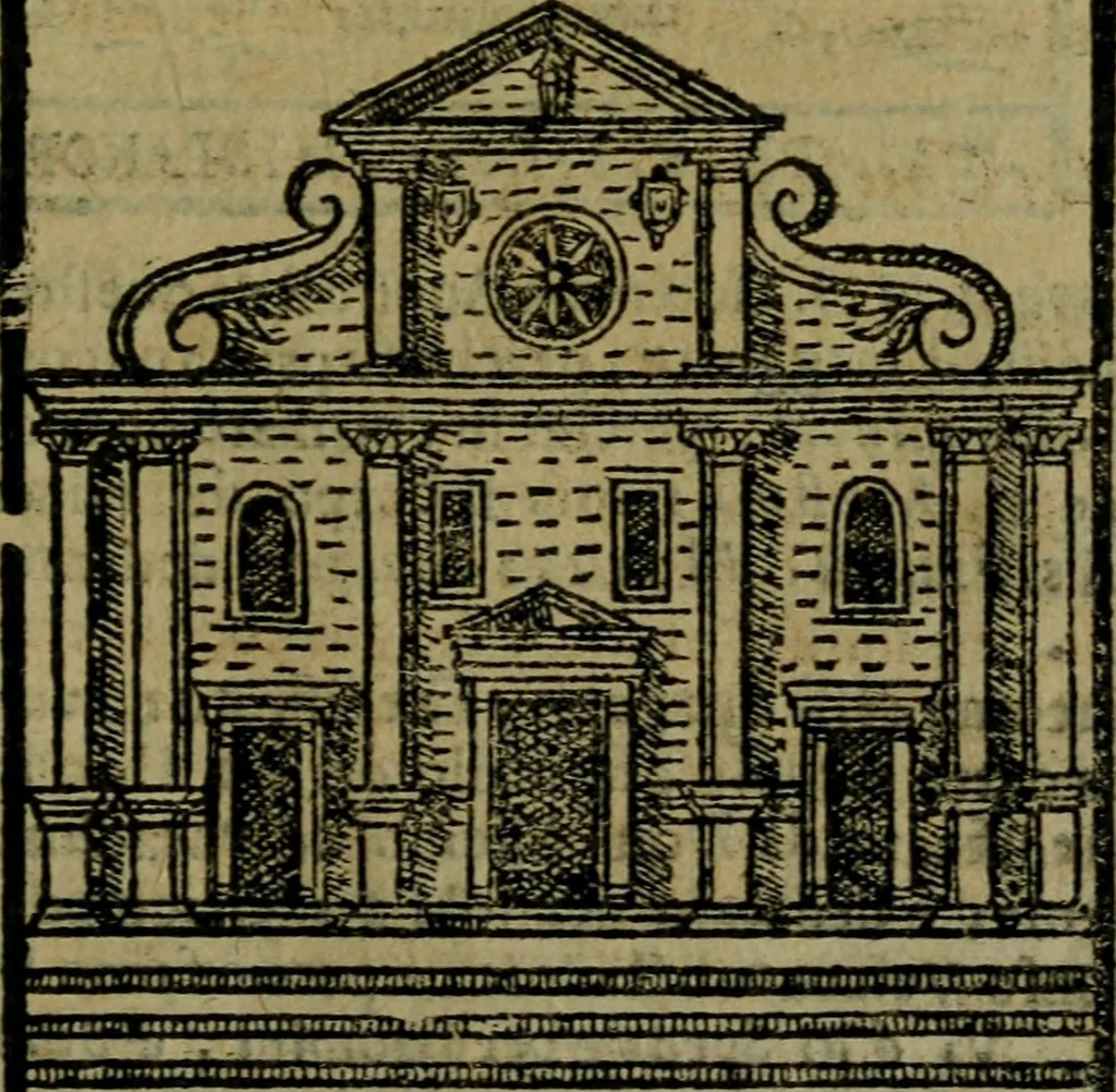 An illustration from Descrittione di Roma antica e moderna : nella quale si contengono chiese, monasterij, hospedali, compagnie, collegij e seminarij, tempij, teatri, anfiteatri, naumachie, cerchi, fori, curie, palazzi, e statue, librerie, musei, pitture, sculture, & i nomi de gli artefici : indice de'sommi pontefici, imperatori e duchi : con due copiosissime tauole, 1643, leaf 204