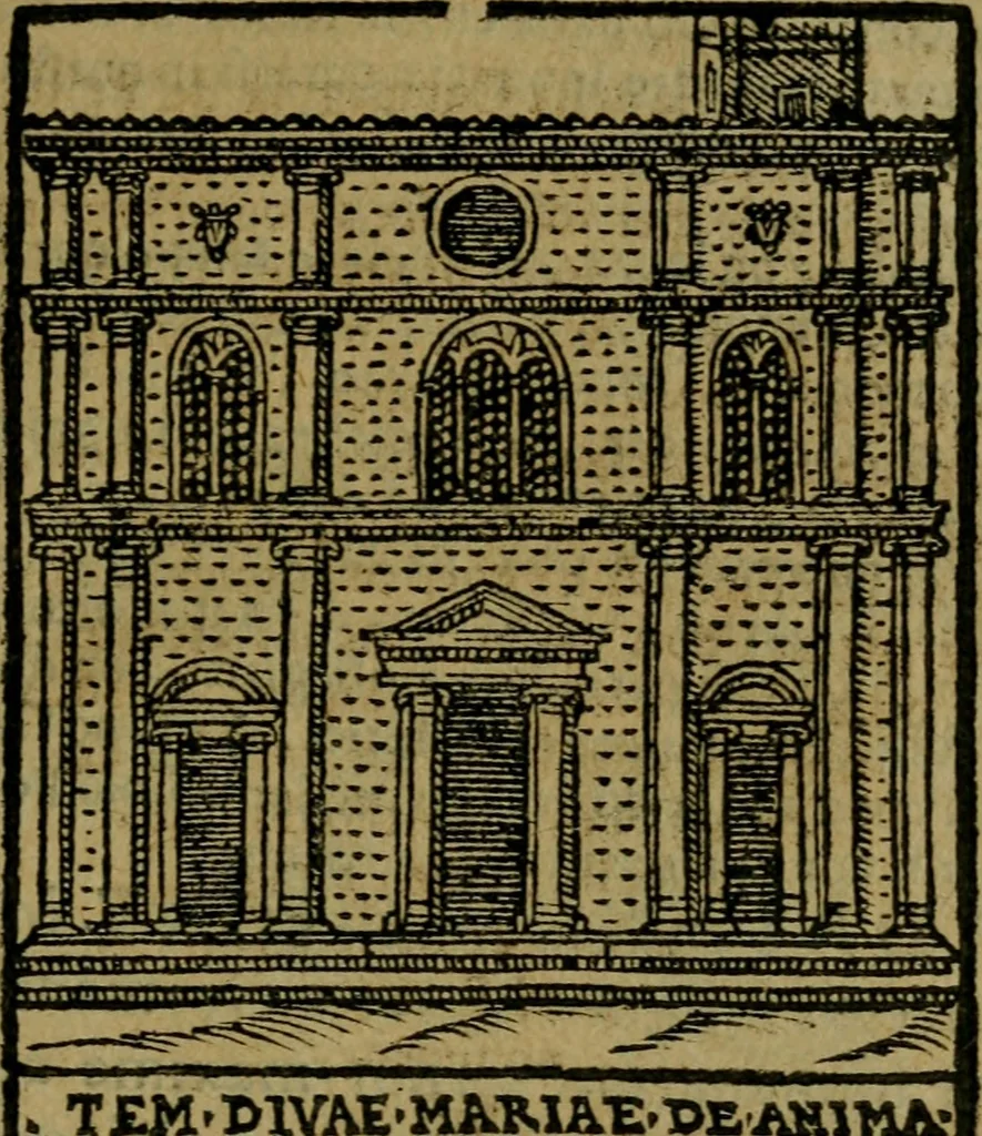 An illustration from Descrittione di Roma antica e moderna : nella quale si contengono chiese, monasterij, hospedali, compagnie, collegij e seminarij, tempij, teatri, anfiteatri, naumachie, cerchi, fori, curie, palazzi, e statue, librerie, musei, pitture, sculture, & i nomi de gli artefici : indice de'sommi pontefici, imperatori e duchi : con due copiosissime tauole, 1643, leaf 208