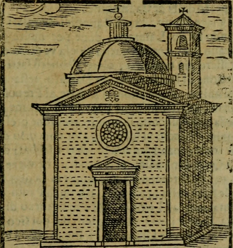 An illustration from Descrittione di Roma antica e moderna : nella quale si contengono chiese, monasterij, hospedali, compagnie, collegij e seminarij, tempij, teatri, anfiteatri, naumachie, cerchi, fori, curie, palazzi, e statue, librerie, musei, pitture, sculture, & i nomi de gli artefici : indice de'sommi pontefici, imperatori e duchi : con due copiosissime tauole, 1643, leaf 210