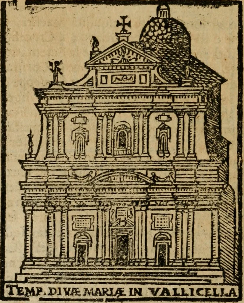 An illustration from Descrittione di Roma antica e moderna : nella quale si contengono chiese, monasterij, hospedali, compagnie, collegij e seminarij, tempij, teatri, anfiteatri, naumachie, cerchi, fori, curie, palazzi, e statue, librerie, musei, pitture, sculture, & i nomi de gli artefici : indice de'sommi pontefici, imperatori e duchi : con due copiosissime tauole, 1643, leaf 215