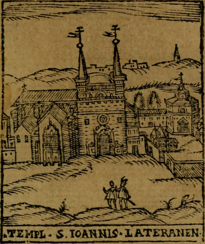 An illustration from Descrittione di Roma antica e moderna : nella quale si contengono chiese, monasterij, hospedali, compagnie, collegij e seminarij, tempij, teatri, anfiteatri, naumachie, cerchi, fori, curie, palazzi, e statue, librerie, musei, pitture, sculture, & i nomi de gli artefici : indice de'sommi pontefici, imperatori e duchi : con due copiosissime tauole, 1643, leaf 22