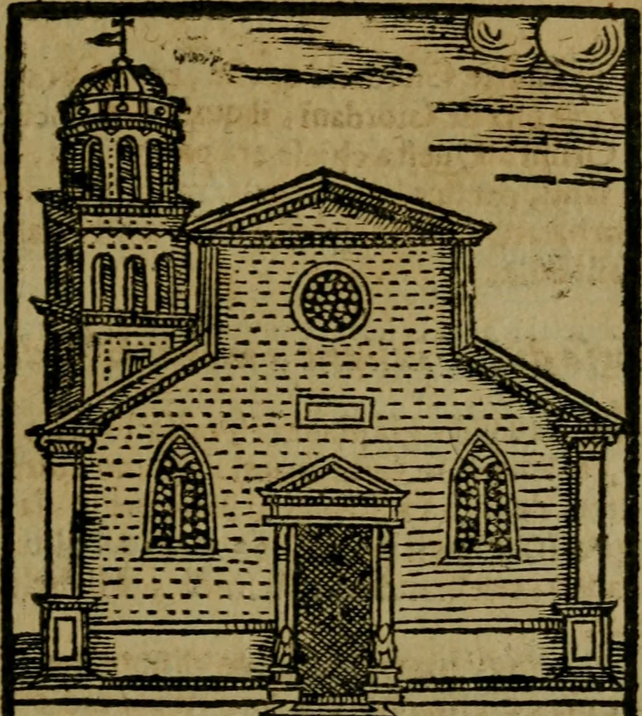 An illustration from Descrittione di Roma antica e moderna : nella quale si contengono chiese, monasterij, hospedali, compagnie, collegij e seminarij, tempij, teatri, anfiteatri, naumachie, cerchi, fori, curie, palazzi, e statue, librerie, musei, pitture, sculture, & i nomi de gli artefici : indice de'sommi pontefici, imperatori e duchi : con due copiosissime tauole, 1643, leaf 220