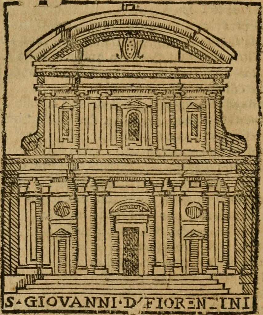 An illustration from Descrittione di Roma antica e moderna : nella quale si contengono chiese, monasterij, hospedali, compagnie, collegij e seminarij, tempij, teatri, anfiteatri, naumachie, cerchi, fori, curie, palazzi, e statue, librerie, musei, pitture, sculture, & i nomi de gli artefici : indice de'sommi pontefici, imperatori e duchi : con due copiosissime tauole, 1643, leaf 225